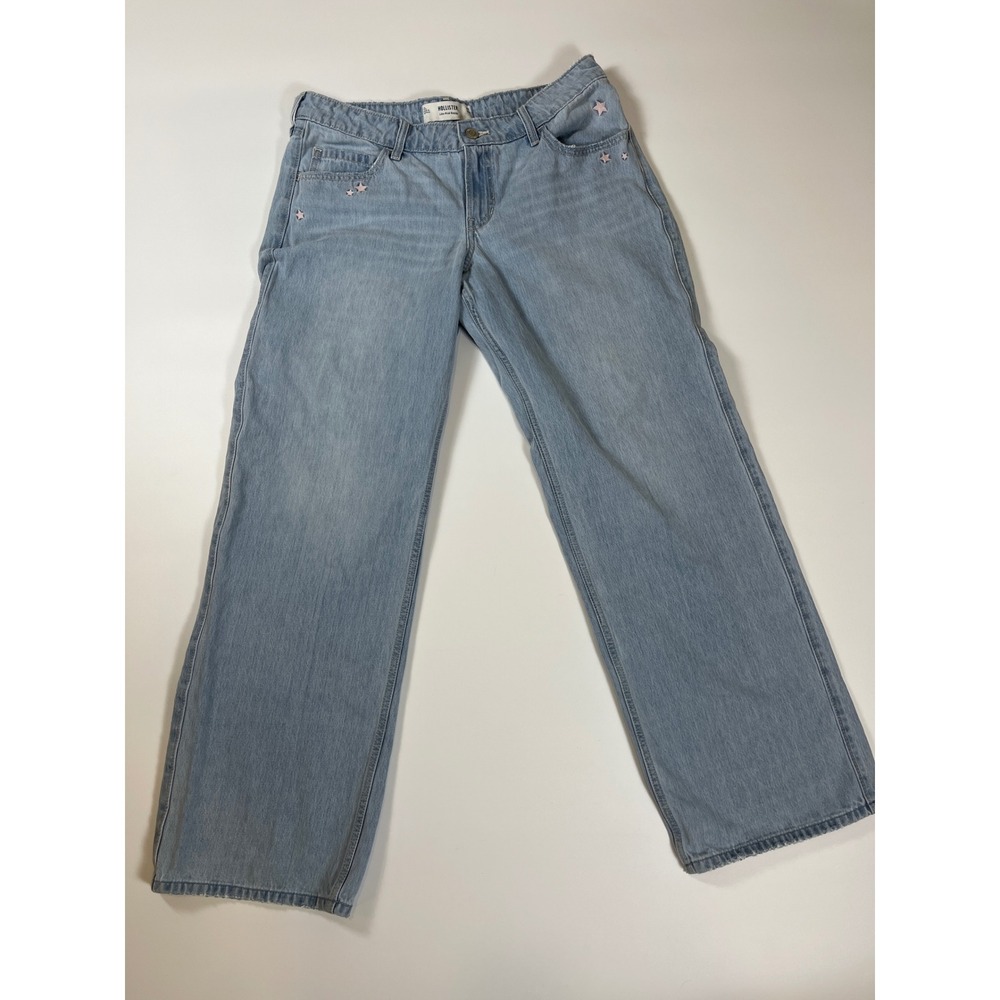 Hollister Low-Rise Baggy Jeans Light Wash Pink Embroidered Stars W31 L31 12L